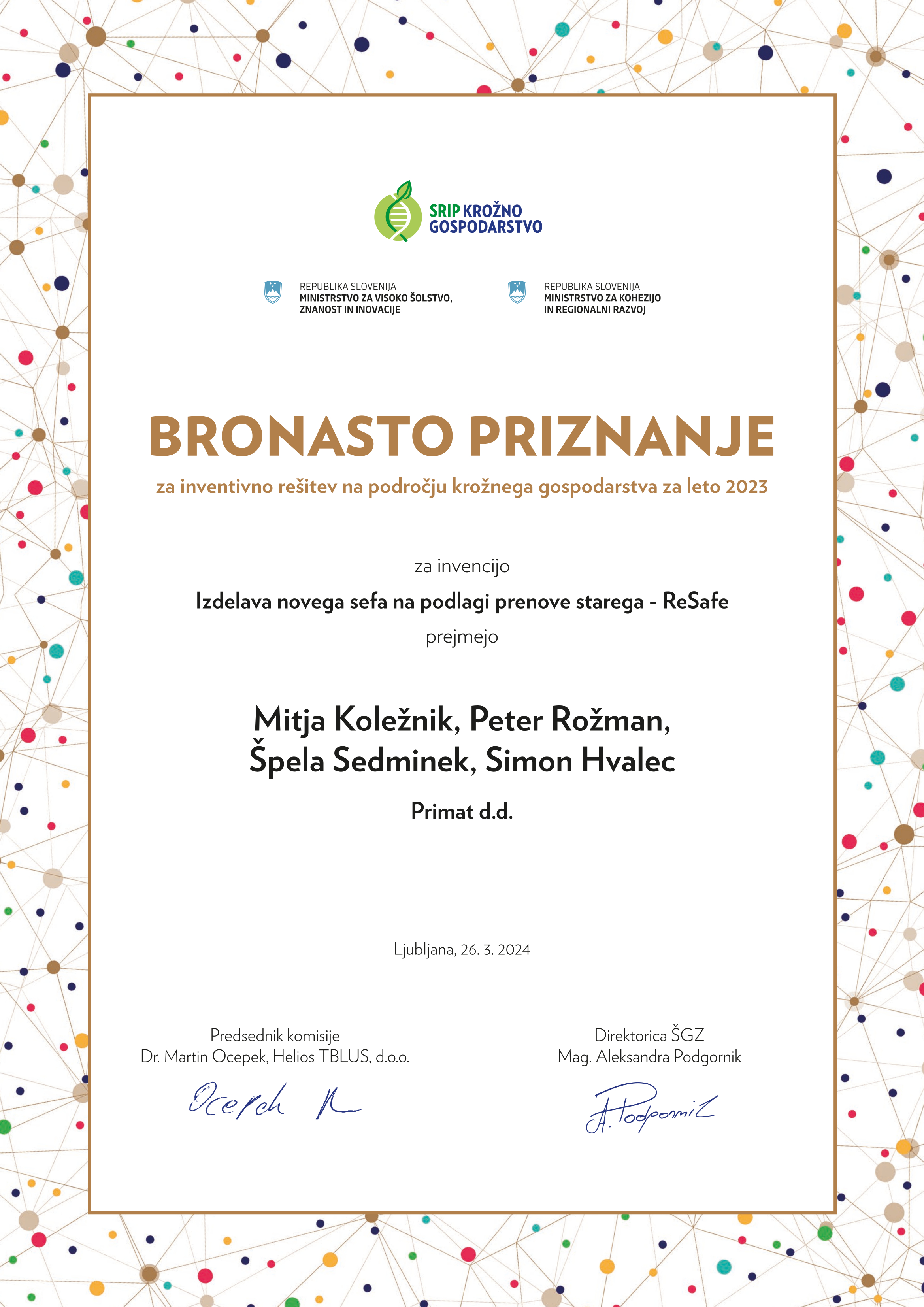 Bronze award for the invention of "Making a new safe based on the renovation of the old – ReSafe"